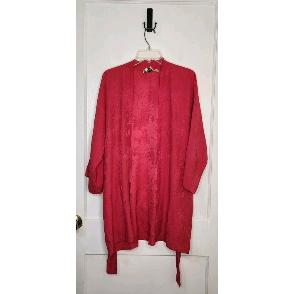 One Size Lynn La Cava 100% Silk Robe Dark Pink / Red Floral Detail W/ Belt